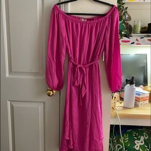 Fuchsia off the shoulder midi dress!